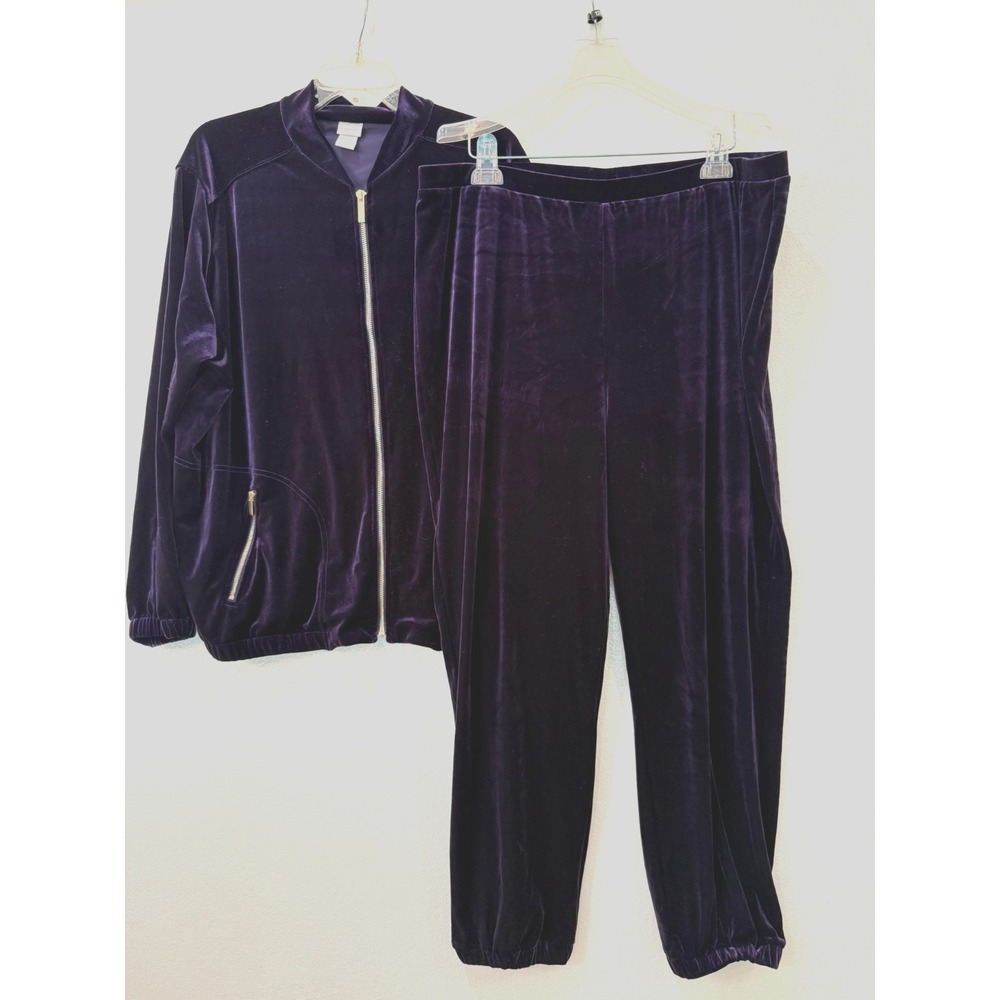Chico's Travelers 2 Piece Purple Velvet Jog Track Set Jacket Sz 20 Pants Sz 18